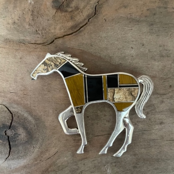 Zuni Inlay Horse Pin Brooch Tiger Eye, Onyx, Jasper, Sterling Silver - Picture 12 of 13